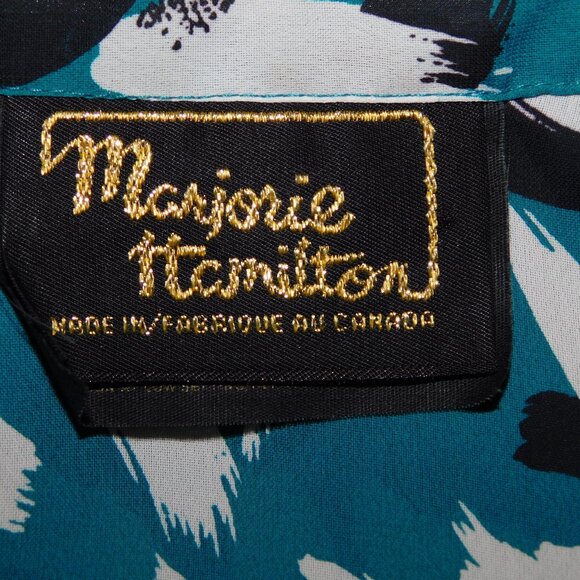 VTG Marjorie Hamilton Womens 40 / XL Teal Black White Pattern Sheer Blouse - Picture 5 of 10